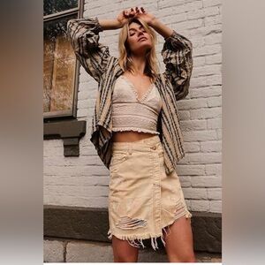 27 S Free People Parker Wrap Skirt Denim Jean Distressed Frayed Butter Cream New